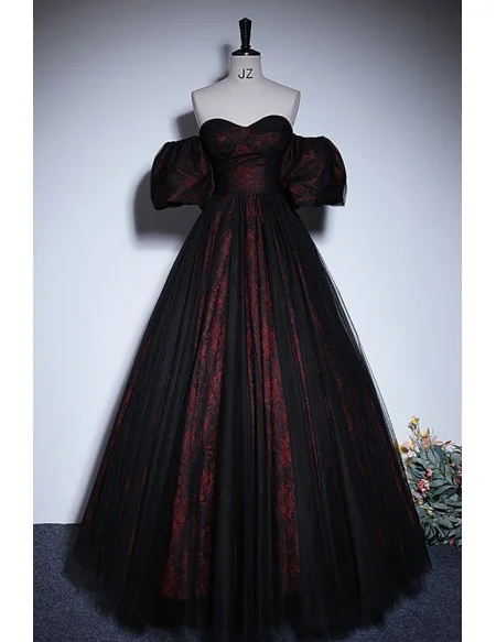 Off Shoulder Black Tulle Floral Pattern Gothic Prom Dress