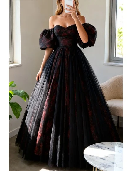 Off Shoulder Black Tulle Floral Pattern Gothic Prom Dress