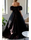 Off Shoulder Black Tulle Floral Pattern Gothic Prom Dress