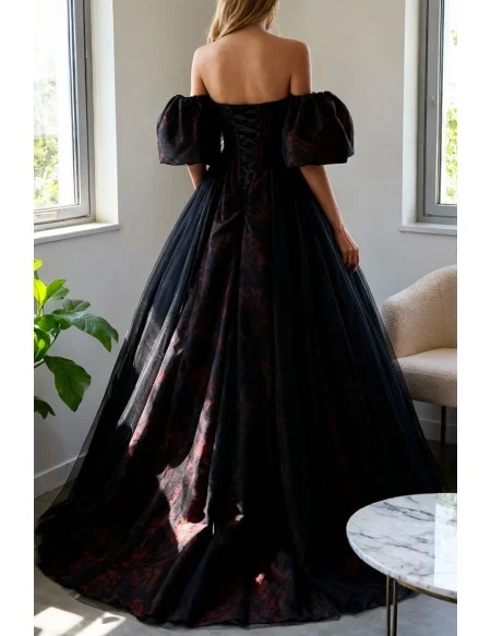 Off Shoulder Black Tulle Floral Pattern Gothic Prom Dress