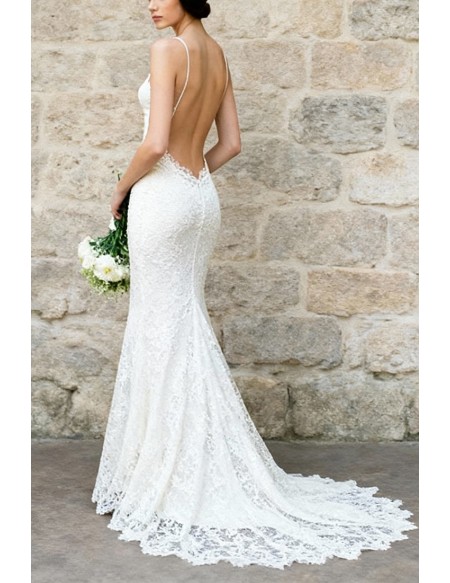 Romantic Ivory Lace Mermaid Wedding Dress With Spaghetti Straps