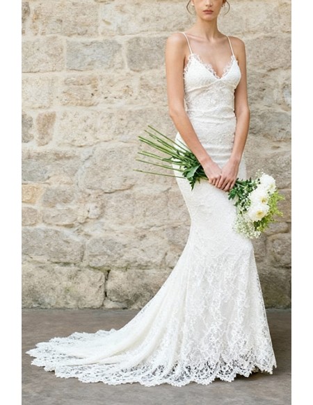 Romantic Ivory Lace Mermaid Wedding Dress With Spaghetti Straps