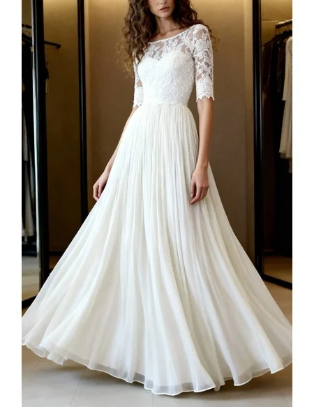 Gentle Ivory Lace Wedding Dress With Three Quarter Sleeves And Flowy Skirt