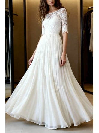 Gentle Ivory Lace Wedding Dress With Three Quarter Sleeves And Flowy Skirt