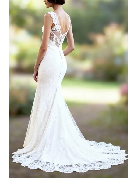Elegant Vneck Ivory Lace Mermaid Wedding Dress with Sweep Train