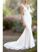 Elegant Vneck Ivory Lace Mermaid Wedding Dress with Sweep Train