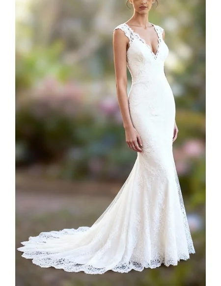 Elegant Vneck Ivory Lace Mermaid Wedding Dress with Sweep Train