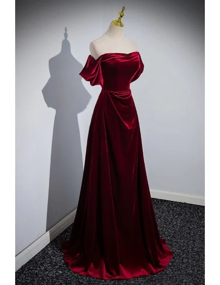 Beautiful Off The Shoulder Simple Long Velvet Burgundy Prom Dress
