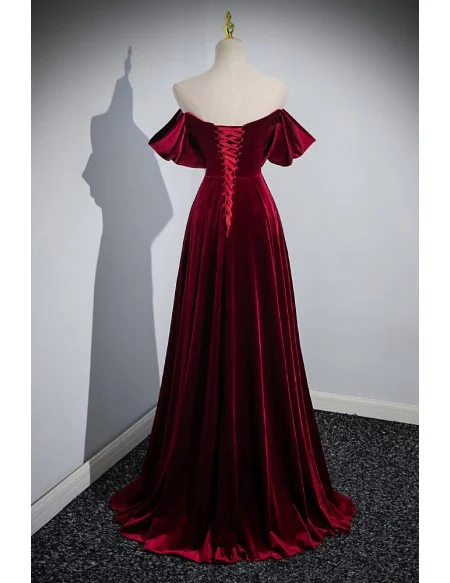 Beautiful Off The Shoulder Simple Long Velvet Burgundy Prom Dress