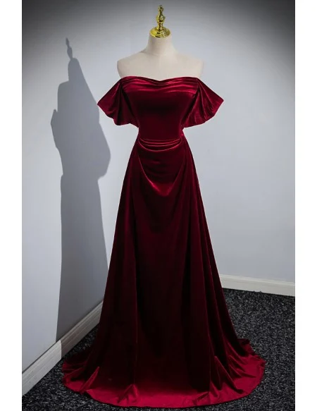 Beautiful Off The Shoulder Simple Long Velvet Burgundy Prom Dress