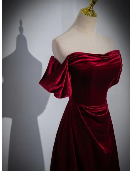 Beautiful Off The Shoulder Simple Long Velvet Burgundy Prom Dress