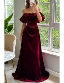 Beautiful Off The Shoulder Simple Long Velvet Burgundy Prom Dress