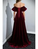 Beautiful Off The Shoulder Simple Long Velvet Burgundy Prom Dress