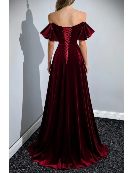 Beautiful Off The Shoulder Simple Long Velvet Burgundy Prom Dress