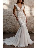 Elegant Ivory Lace Overlay Mermaid Wedding Gown with Flowing Train