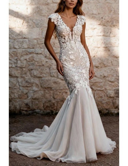 Elegant Ivory Lace Overlay Mermaid Wedding Gown with Flowing Train