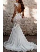 Elegant Ivory Lace Overlay Mermaid Wedding Gown with Flowing Train