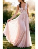 Graceful V-Neck Wedding Gown Featuring Lace Detailing And A-Line Skirt