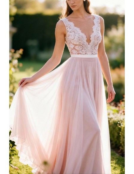 Graceful V-Neck Wedding Gown Featuring Lace Detailing And A-Line Skirt