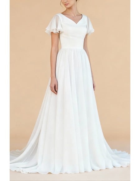 Flowy Chiffon Wedding Dress With Flutter Sleeves And V Neckline