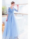 Fairy Blue Lace Prom Dress With Leaf Cold Shoulder Sleeves