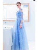 Fairy Blue Lace Prom Dress With Leaf Cold Shoulder Sleeves