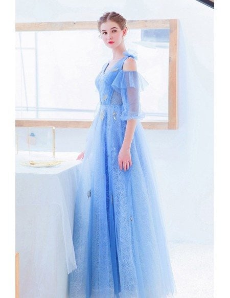 Fairy Blue Lace Prom Dress With Leaf Cold Shoulder Sleeves