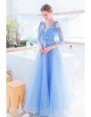 Fairy Blue Lace Prom Dress With Leaf Cold Shoulder Sleeves
