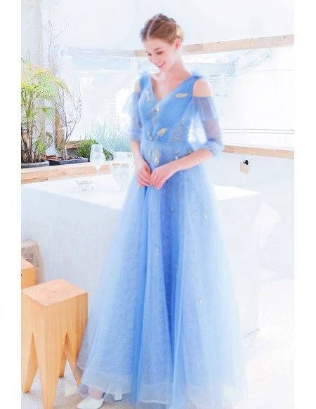 Fairy Blue Lace Prom Dress With Leaf Cold Shoulder Sleeves