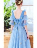 Fairy Blue Lace Prom Dress With Leaf Cold Shoulder Sleeves