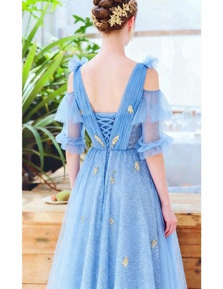 Fairy Blue Lace Prom Dress With Leaf Cold Shoulder Sleeves
