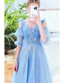 Fairy Blue Lace Prom Dress With Leaf Cold Shoulder Sleeves