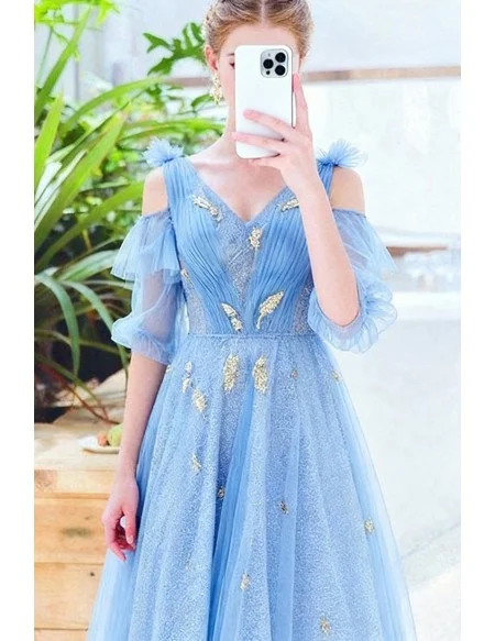 Fairy Blue Lace Prom Dress With Leaf Cold Shoulder Sleeves