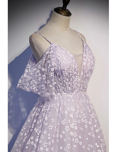 Purple Fairytale Lovely Floral Prom Dress Vneck With Straps