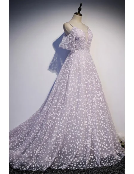 Purple Fairytale Lovely Floral Prom Dress Vneck With Straps