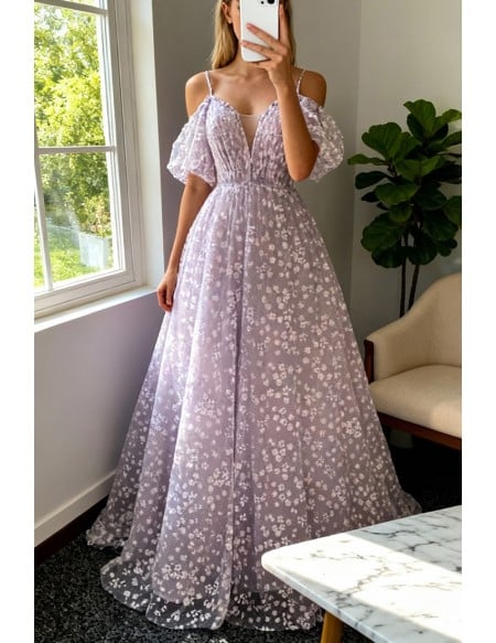 Purple Fairytale Lovely Floral Prom Dress Vneck With Straps