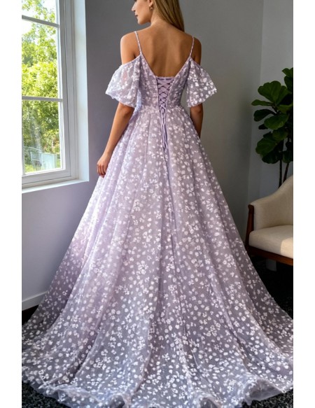 Purple Fairytale Lovely Floral Prom Dress Vneck With Straps