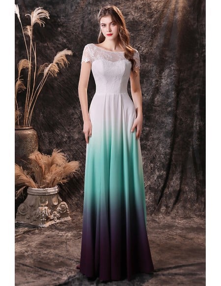 Ombre Green Blue Chiffon Long Formal Prom Dress with Short Lace Sleeves