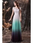 Ombre Green Blue Chiffon Long Formal Prom Dress with Short Lace Sleeves