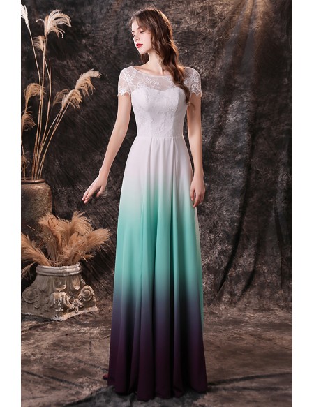 Ombre Green Blue Chiffon Long Formal Prom Dress with Short Lace Sleeves
