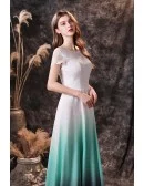 Ombre Green Blue Chiffon Long Formal Prom Dress with Short Lace Sleeves