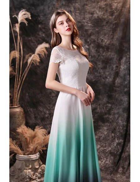 Ombre Green Blue Chiffon Long Formal Prom Dress with Short Lace Sleeves