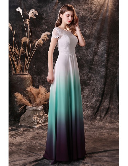 Ombre Green Blue Chiffon Long Formal Prom Dress with Short Lace Sleeves