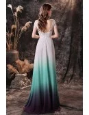 Ombre Green Blue Chiffon Long Formal Prom Dress with Short Lace Sleeves