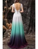 Ombre Green Blue Chiffon Long Formal Prom Dress with Short Lace Sleeves