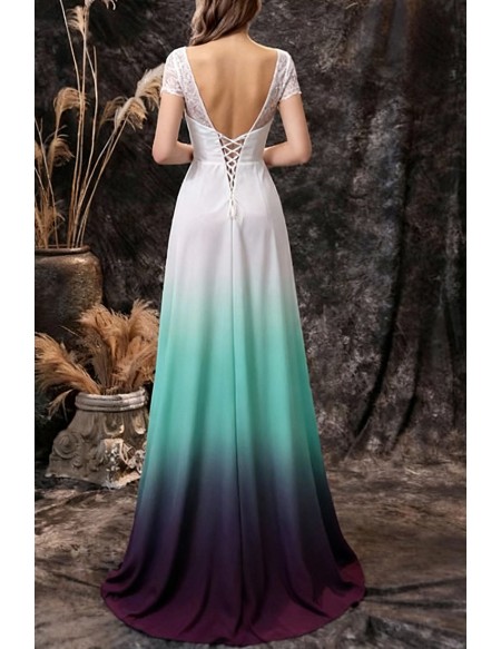 Ombre Green Blue Chiffon Long Formal Prom Dress with Short Lace Sleeves