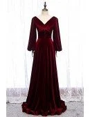 Dark Red Velvet Vneck Evening Dress with Lantern Long Sleeves