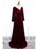Dark Red Velvet Vneck Evening Dress with Lantern Long Sleeves