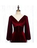 Dark Red Velvet Vneck Evening Dress with Lantern Long Sleeves