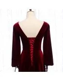 Dark Red Velvet Vneck Evening Dress with Lantern Long Sleeves
